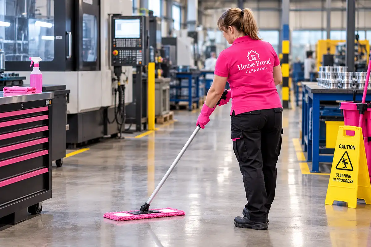 Cleaner mopping an industrial factory floor